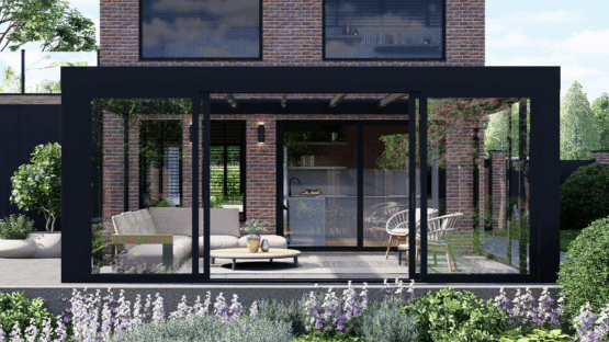 MB Veranda Cube Grand tuinkamer zwart schuifpui geopend